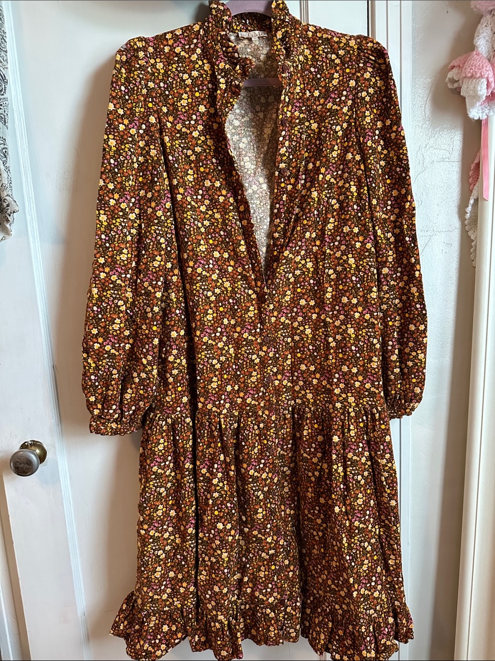 Brown Floral Long Sleeve Ruffle-Hem Dress ByTimo Norway